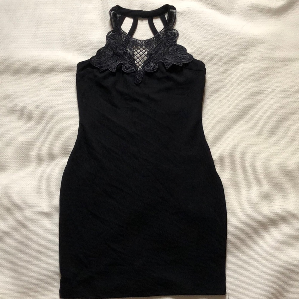 Black mini cocktail dress with lace detail